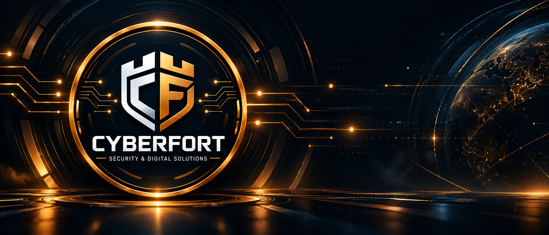 Goldene vernetzte Weltkugel aus dem Cyberfort Header
