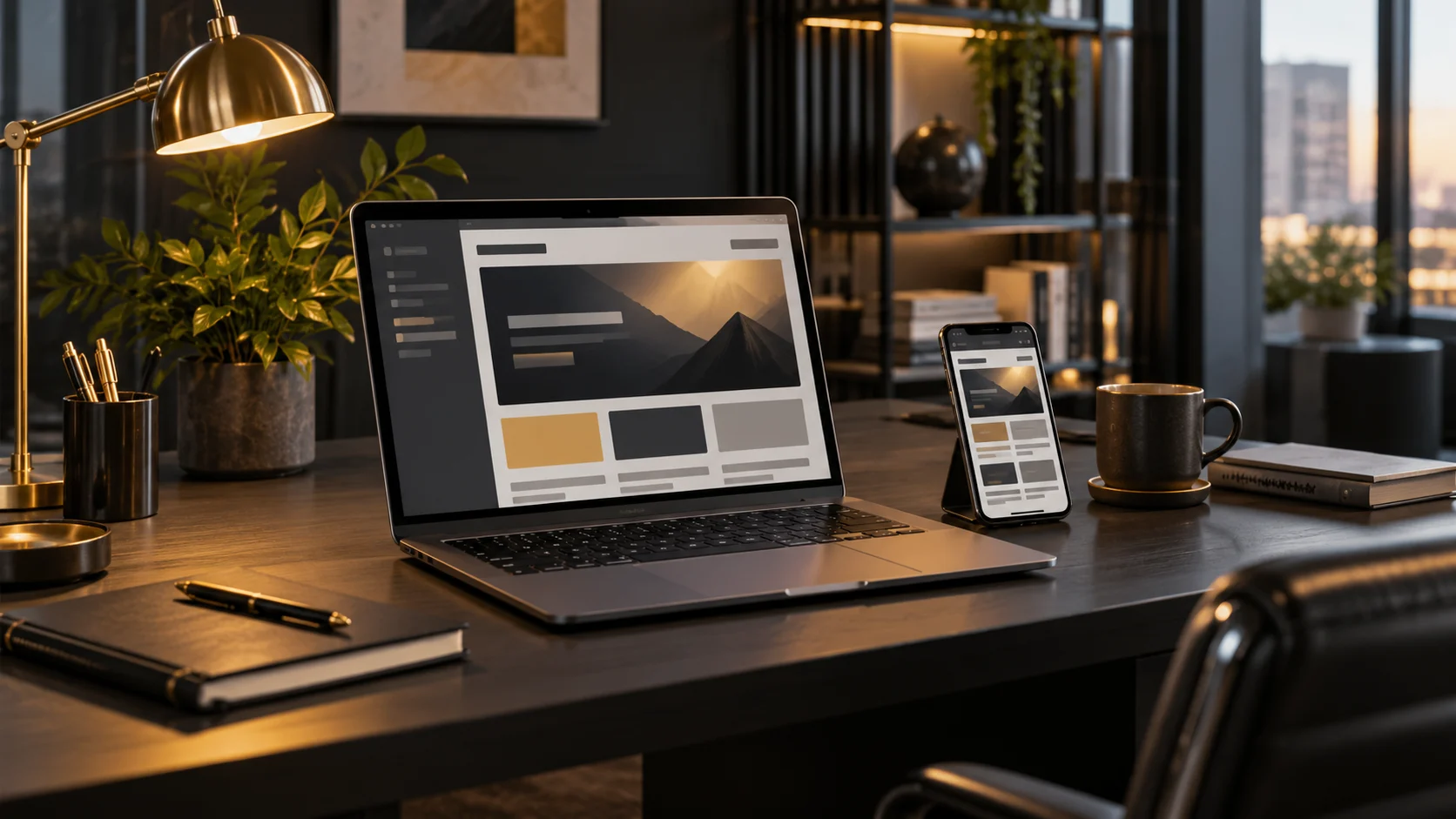 Illustrative Entwicklungsumgebung mit Laptop und Smartphone, ohne Personen.