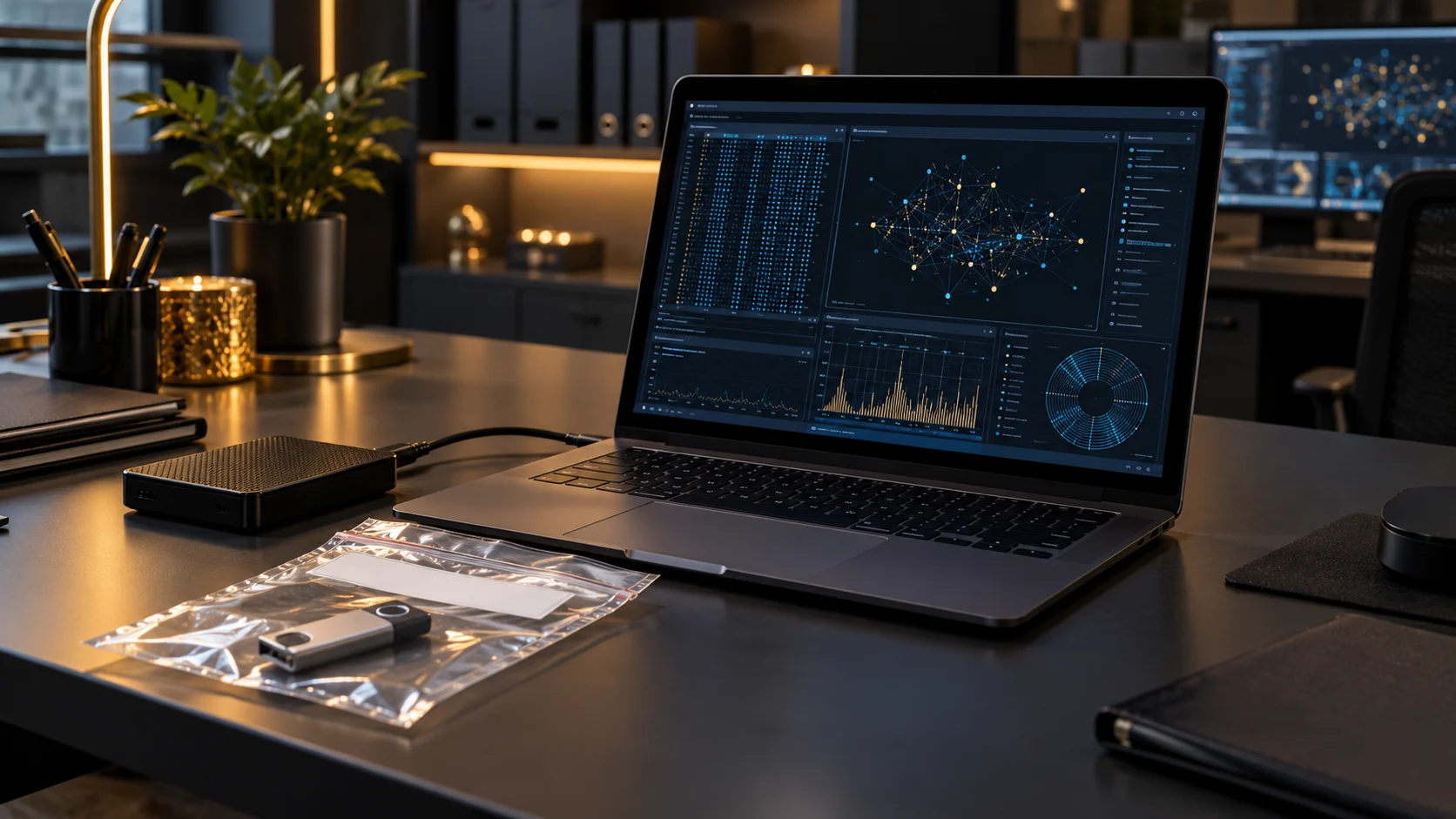 Illustrativer Forensik-Arbeitsplatz mit Laptop und externem Datenträger, ohne Personen.